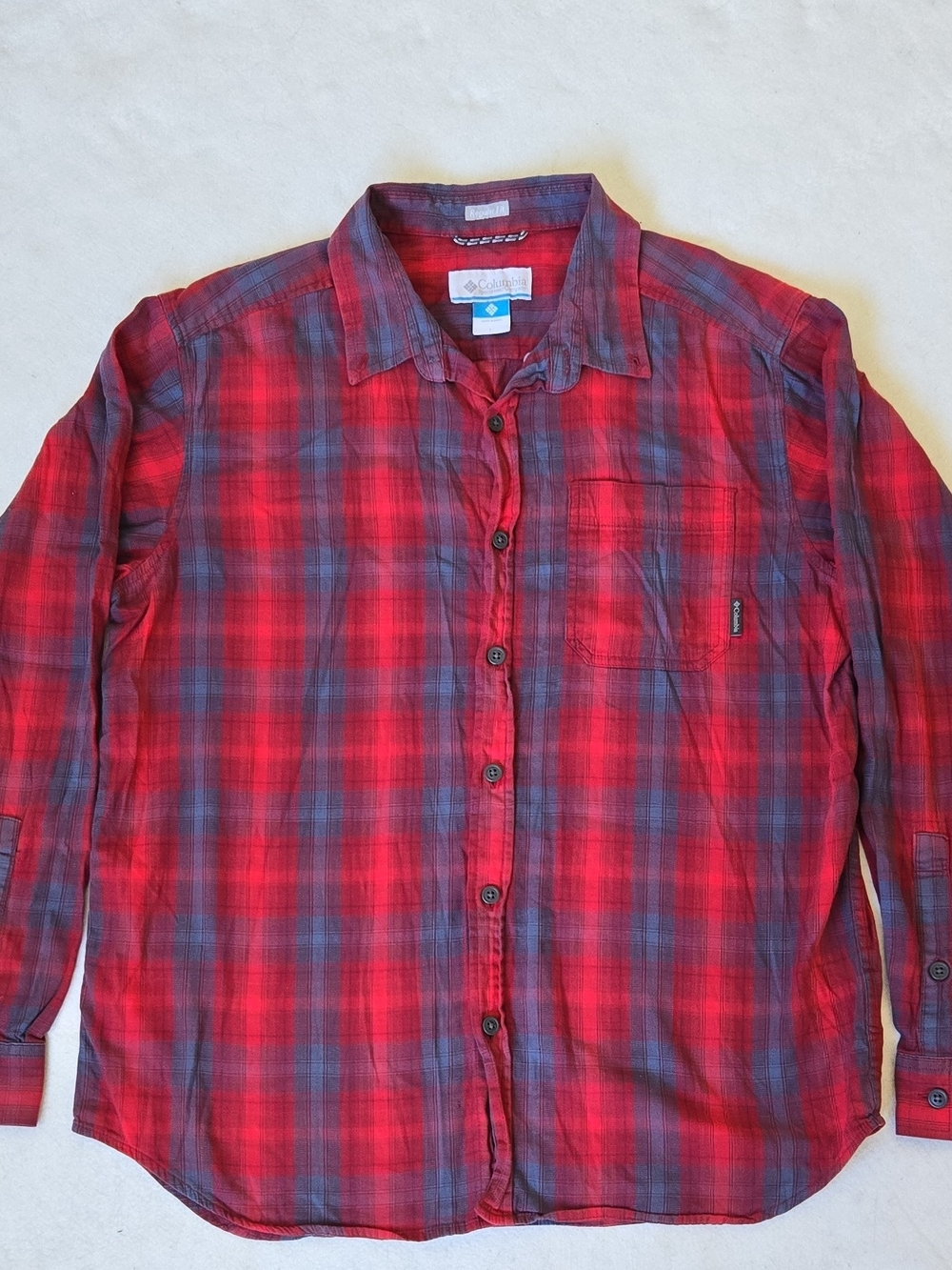 Columbia Men’s L Red Blue Plaid Woven Cotton Button-Up Longsleeve